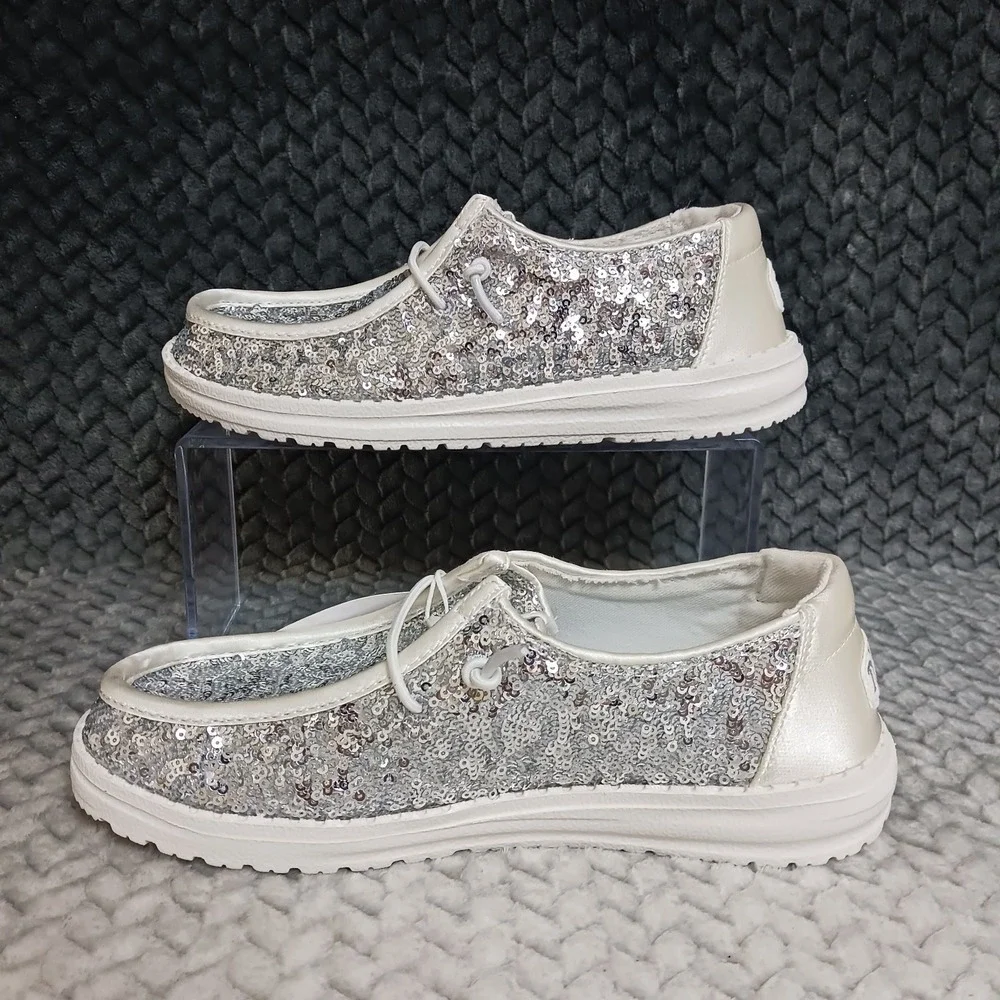 Hey Dude Wendy Sequin Cream Silver Women's Slip-On Comfort Sneakers Shoes Size 5